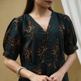 Buy Green Block Print Cotton Flared Ajrakh Dress