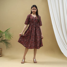 Buy Block Print Cotton Maroon Flared Short Ajrakh Dress