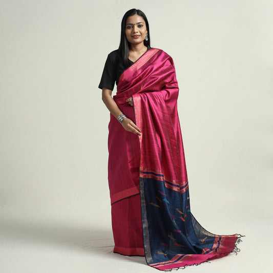 Pink - Bhagalpuri Pure Desi Tussar Silk Handloom Saree with Zari Border