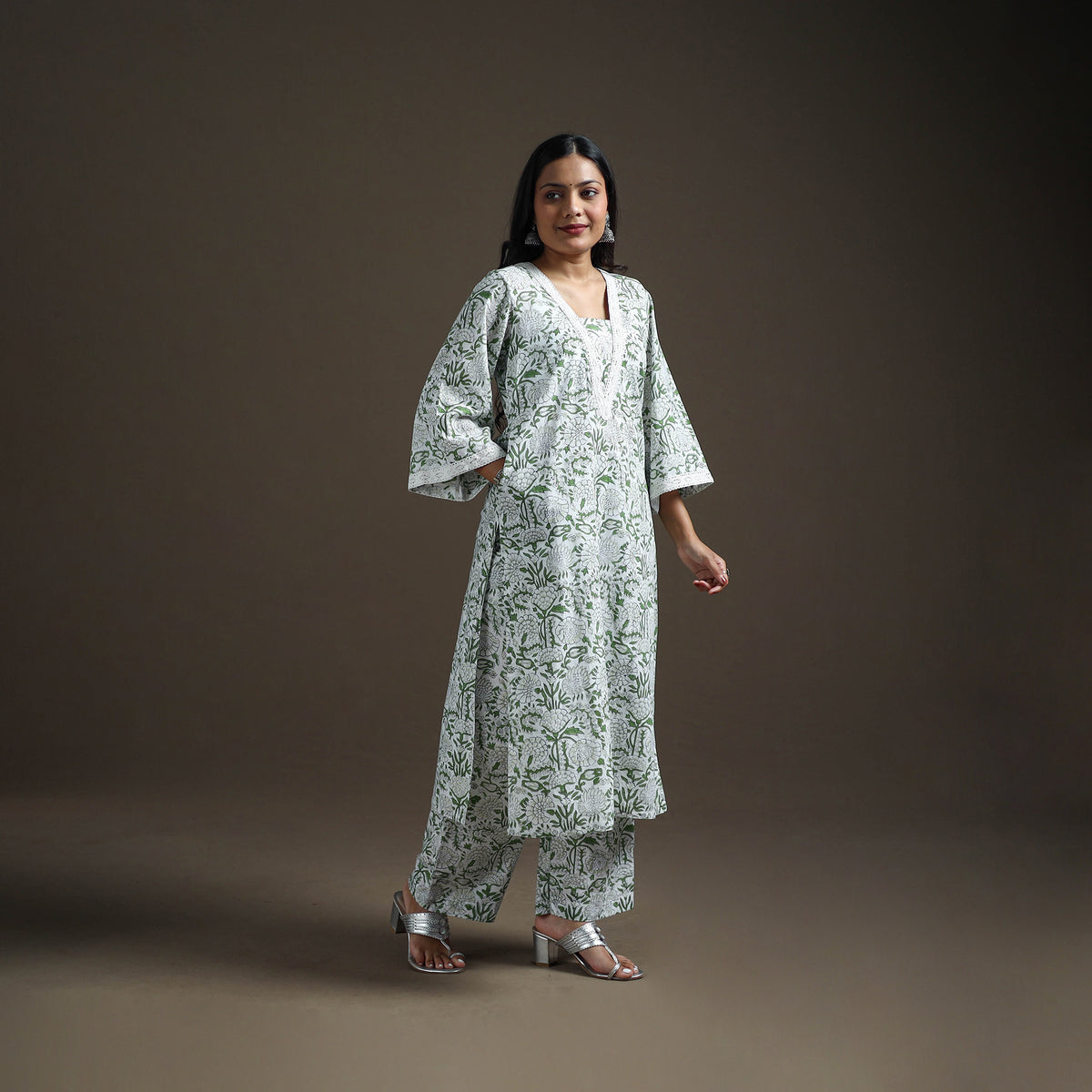 Green - floral sanganeri print cotton lace work straight