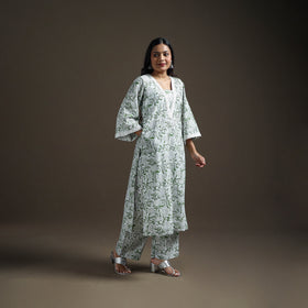 Green - floral sanganeri print cotton lace work straight
