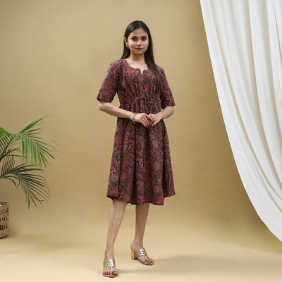 Buy Block Print Cotton Maroon Flared Short Ajrakh Dress