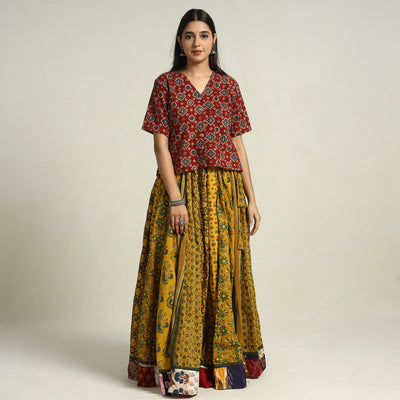 Yellow - Ajrakh Block Printed 24 Kali Patchwork Cotton Long Skirt 18