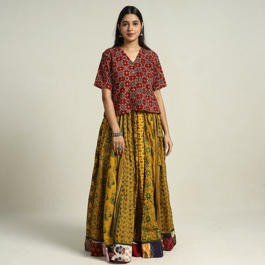 Yellow - Ajrakh Block Printed 24 Kali Patchwork Cotton Long Skirt 18