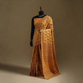 Yellow - Gamthi Hand Block Print Pure Mul Cotton Saree with Blouse Piece 46