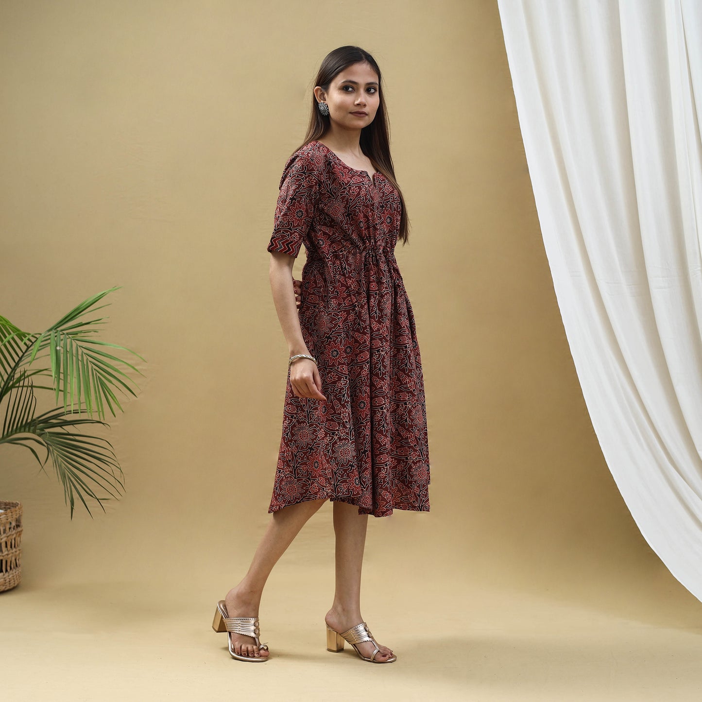 Buy Block Print Cotton Maroon Flared Short Ajrakh Dress