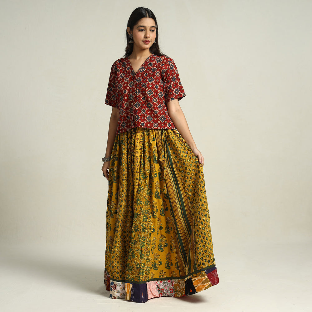 Yellow - Ajrakh Block Printed 24 Kali Patchwork Cotton Long Skirt 18