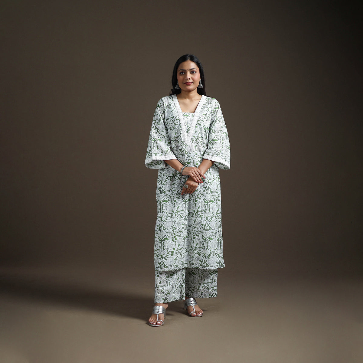 Green - floral sanganeri print cotton lace work straight