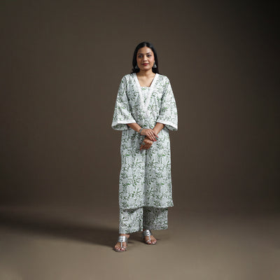 Green - floral sanganeri print cotton lace work straight