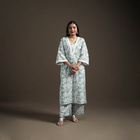 Green - floral sanganeri print cotton lace work straight