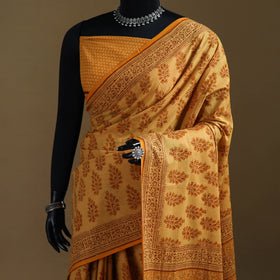 Yellow - Gamthi Hand Block Print Pure Mul Cotton Saree with Blouse Piece 46