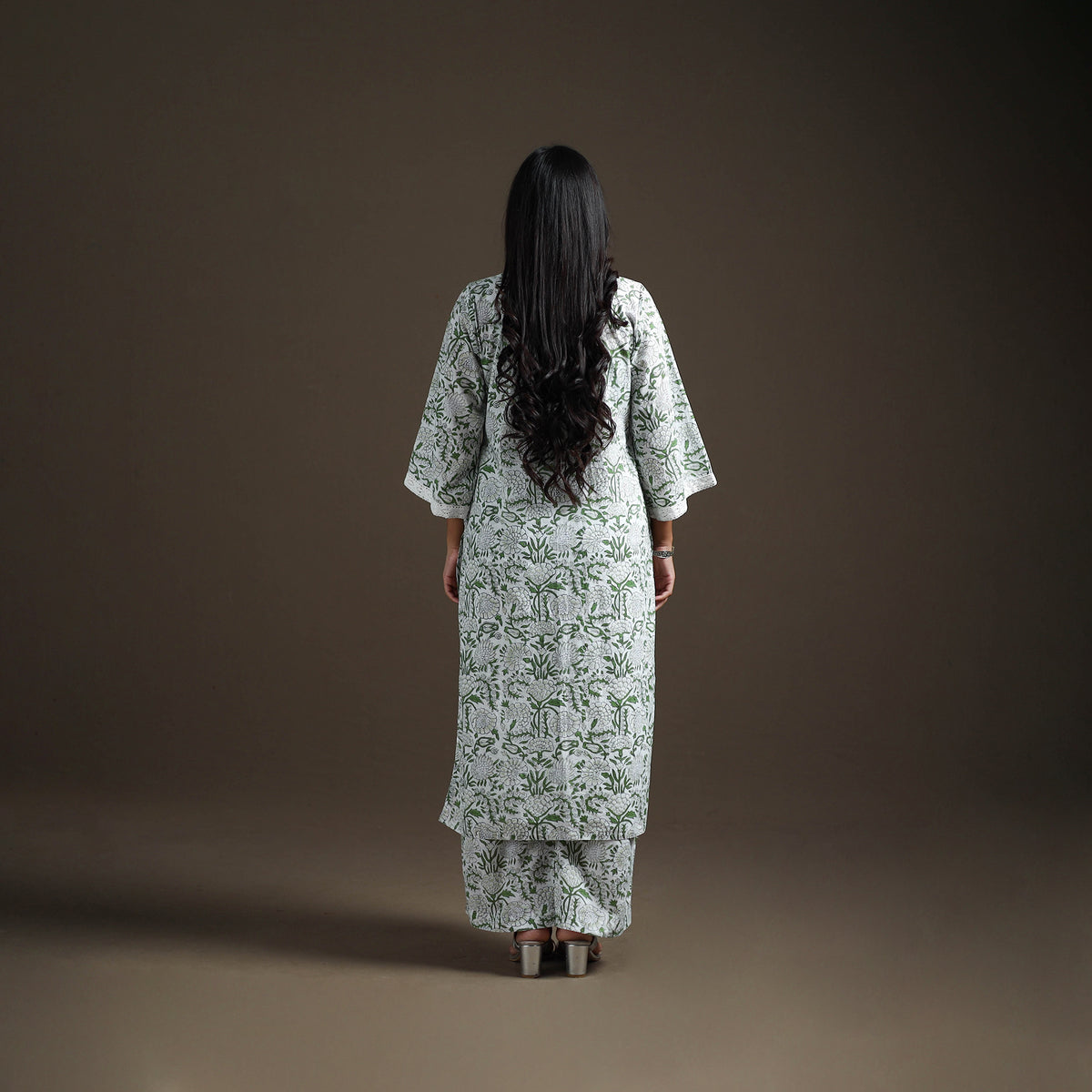 Green - floral sanganeri print cotton lace work straight