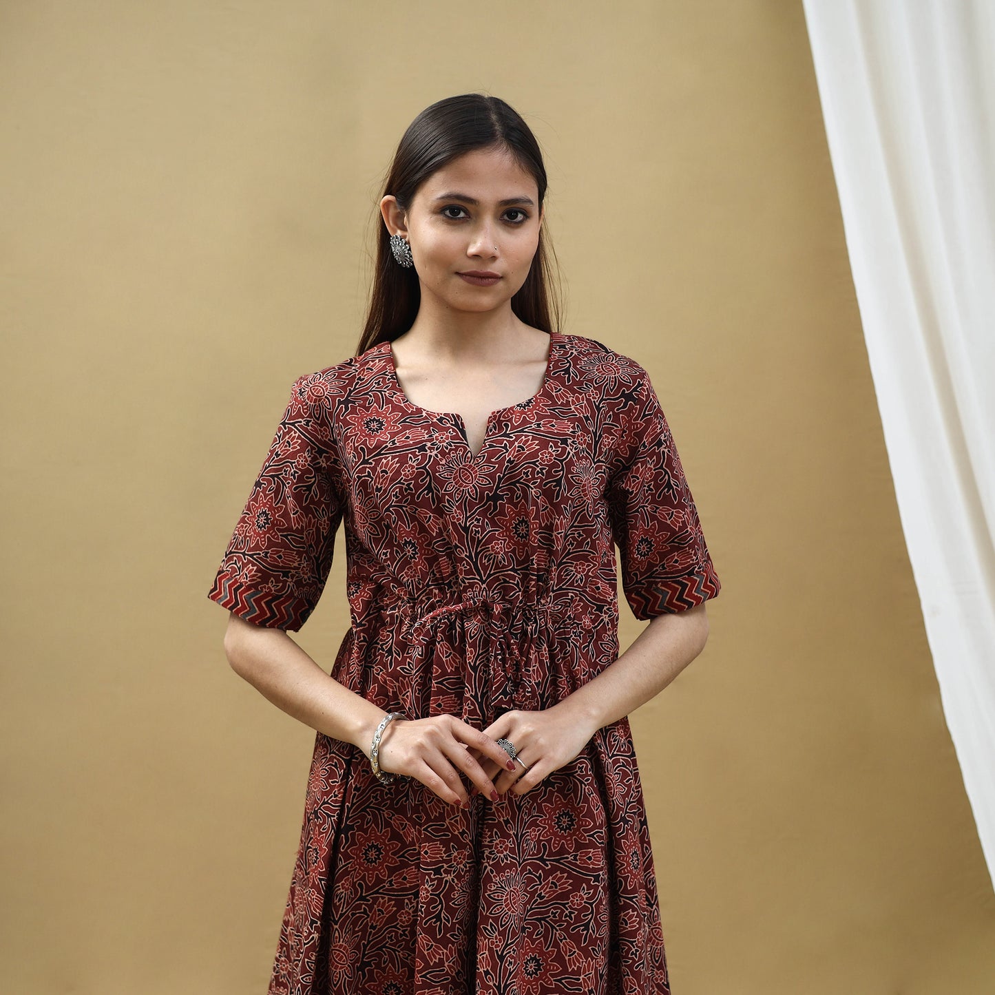 Buy Block Print Cotton Maroon Flared Short Ajrakh Dress