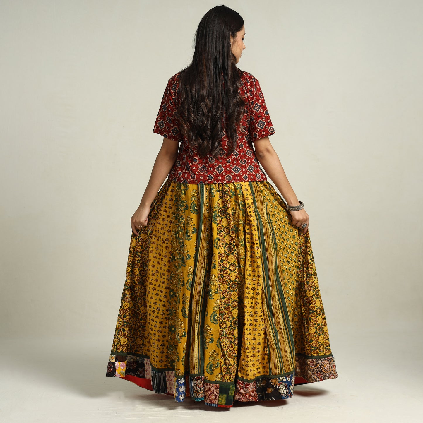 Yellow - Ajrakh Block Printed 24 Kali Patchwork Cotton Long Skirt 18