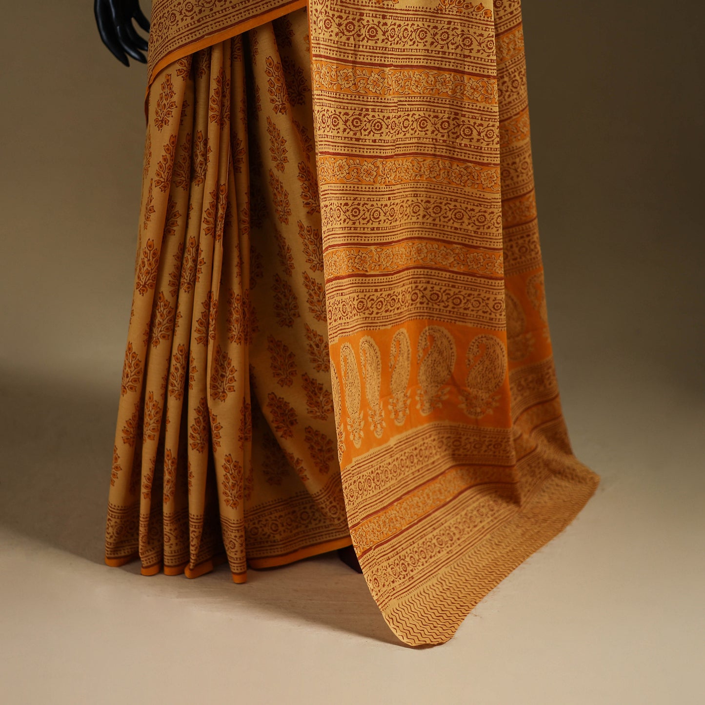 Yellow - Gamthi Hand Block Print Pure Mul Cotton Saree with Blouse Piece 46
