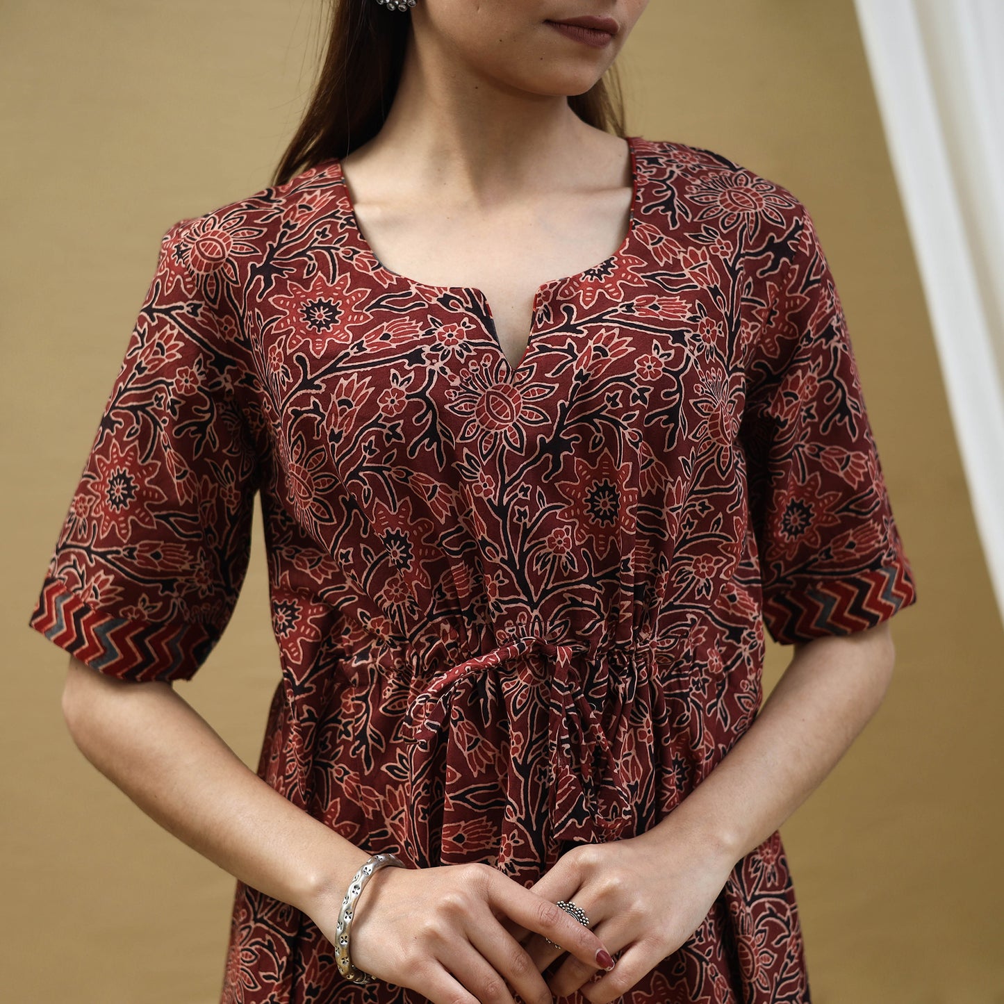 Buy Block Print Cotton Maroon Flared Short Ajrakh Dress