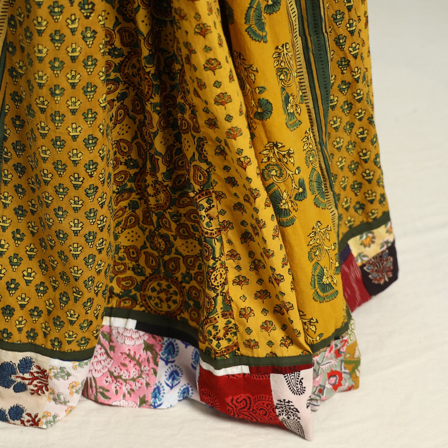 Yellow - Ajrakh Block Printed 24 Kali Patchwork Cotton Long Skirt 18