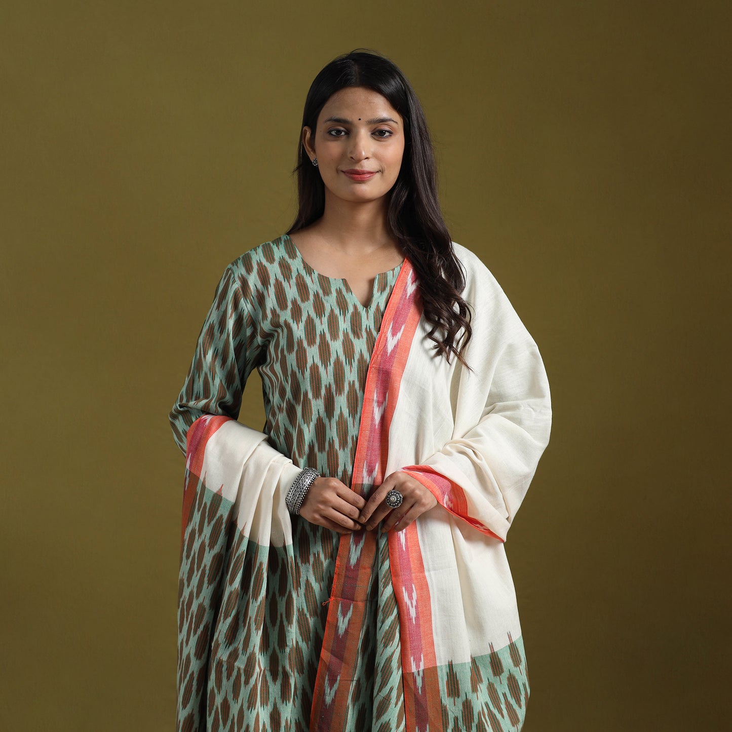 Pochampally Ikat Cotton Suit Set with Dupatta for women 15