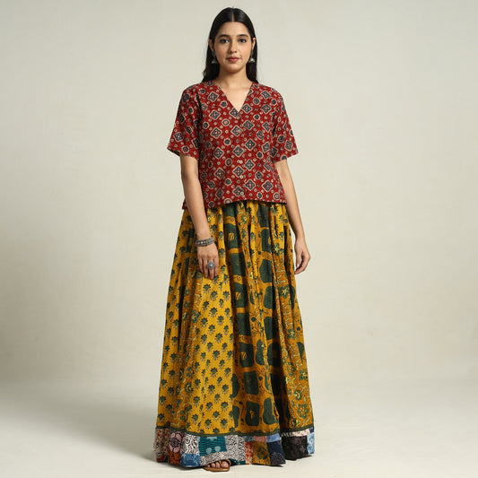 Yellow - Ajrakh Block Printed 24 Kali Patchwork Cotton Long Skirt 19