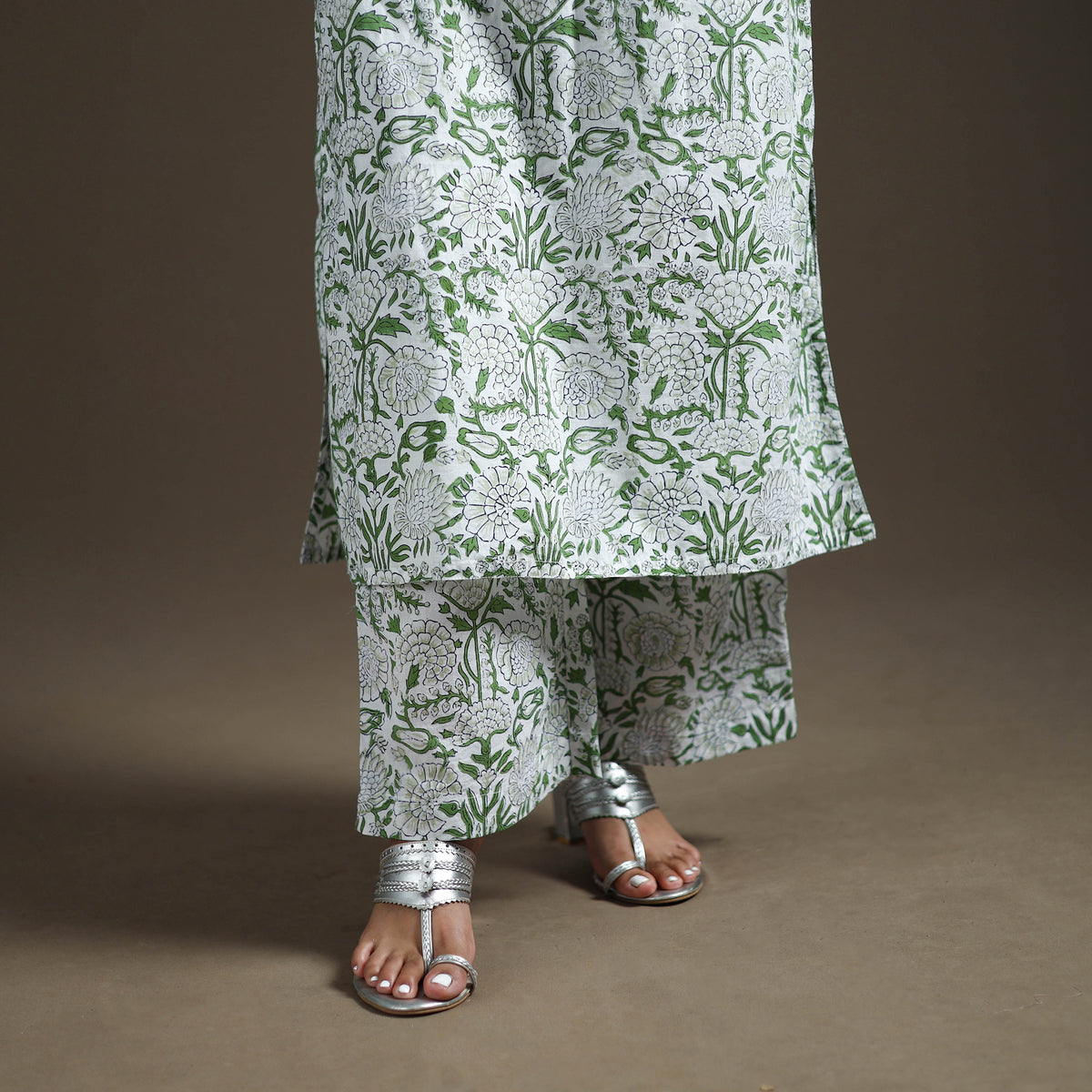 Green - floral sanganeri print cotton lace work straight