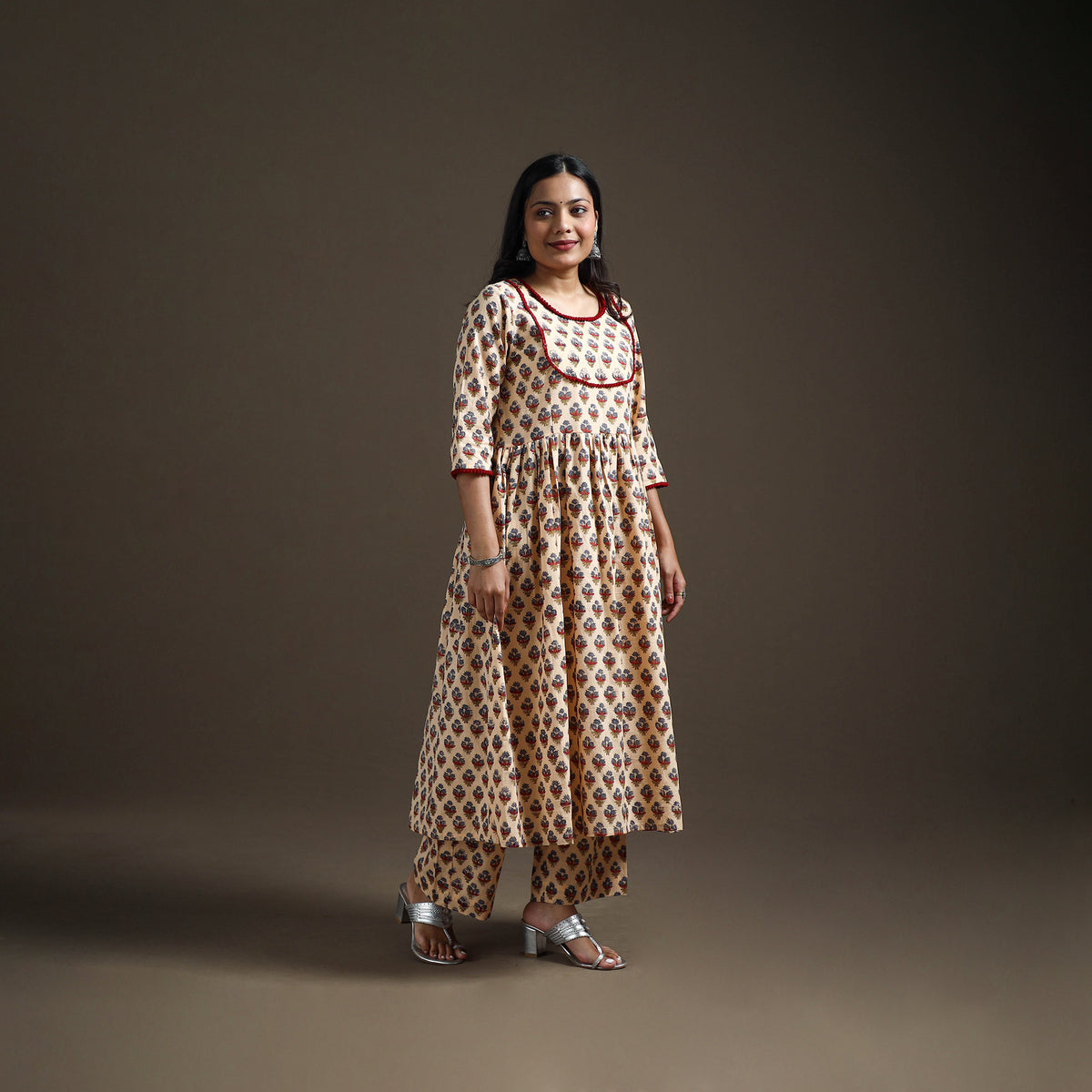 Beige - floral sanganeri print cotton lace work flared