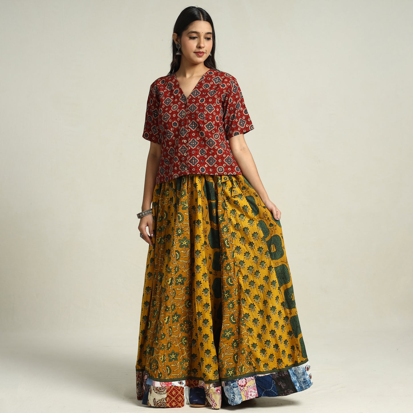 Yellow - Ajrakh Block Printed 24 Kali Patchwork Cotton Long Skirt 19