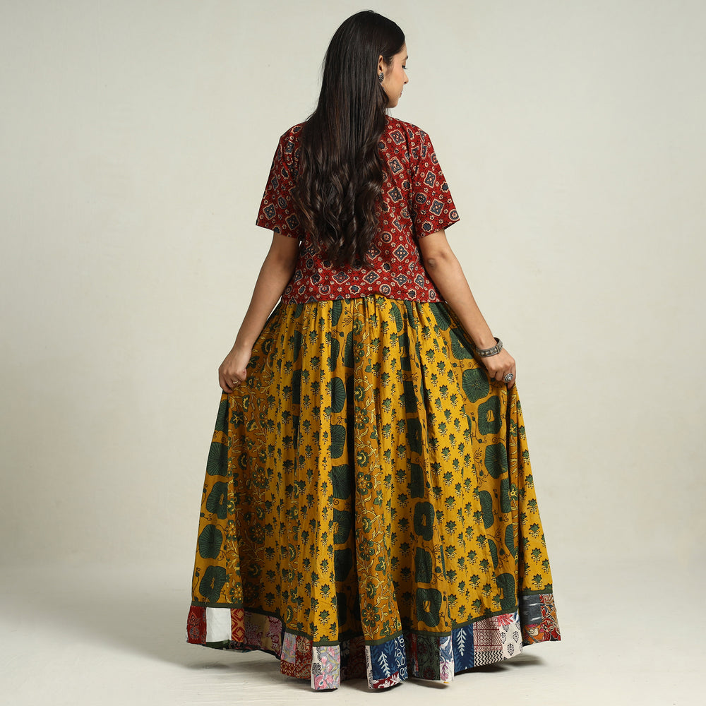 Yellow - Ajrakh Block Printed 24 Kali Patchwork Cotton Long Skirt 19