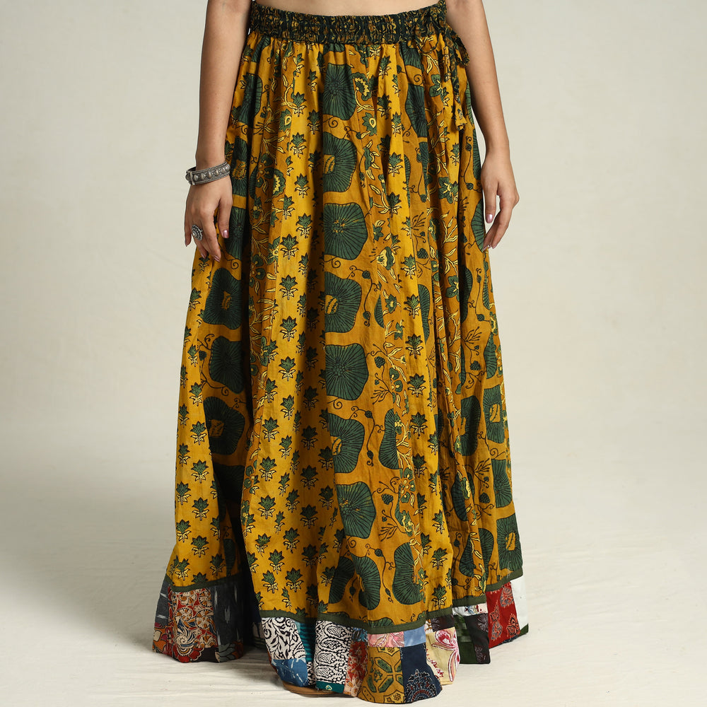 Yellow - Ajrakh Block Printed 24 Kali Patchwork Cotton Long Skirt 19