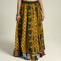 Yellow - Ajrakh Block Printed 24 Kali Patchwork Cotton Long Skirt 19