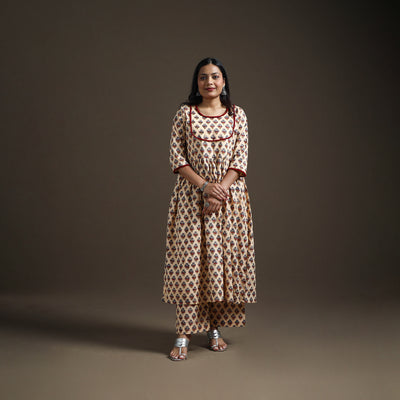 Beige - floral sanganeri print cotton lace work flared