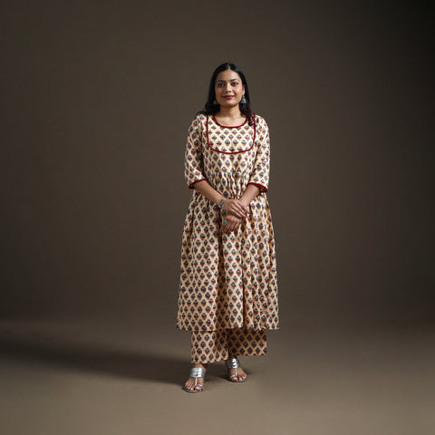 Beige - floral sanganeri print cotton lace work flared
