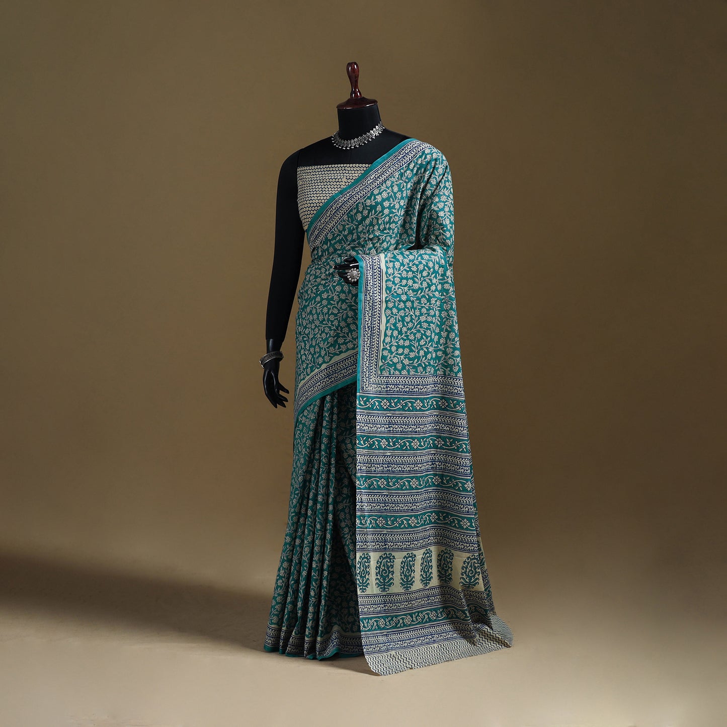 Green - Gamthi Hand Block Print Pure Mul Cotton Saree with Blouse Piece 48