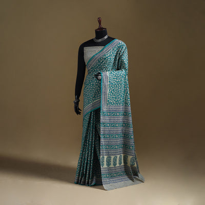 Green - Gamthi Hand Block Print Pure Mul Cotton Saree with Blouse Piece 48