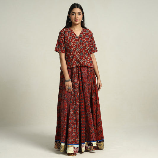 Red - Ajrakh Block Printed 24 Kali Patchwork Cotton Long Skirt 20