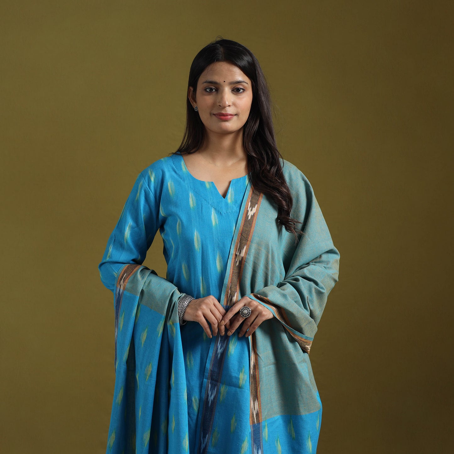 Pochampally Ikat Cotton Suit Set with Dupatta for women 12