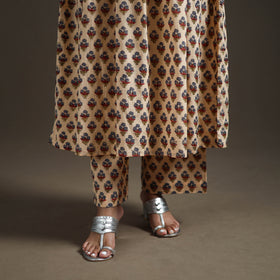 Beige - floral sanganeri print cotton lace work flared