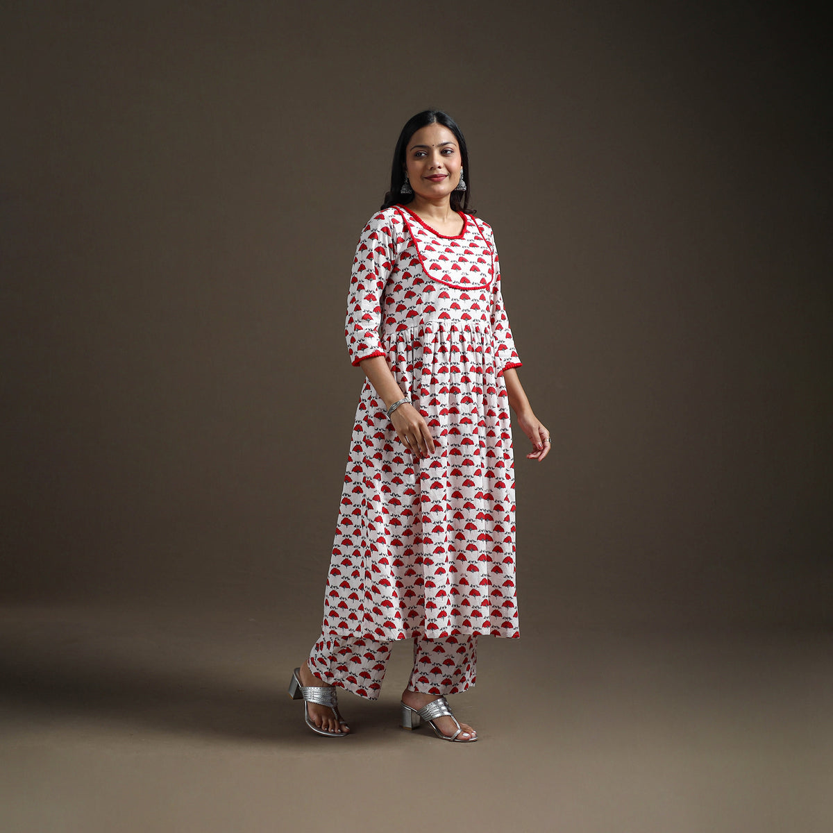 White - floral sanganeri print cotton lace work flared