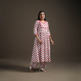 White - floral sanganeri print cotton lace work flared
