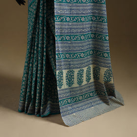Green - Gamthi Hand Block Print Pure Mul Cotton Saree with Blouse Piece 48