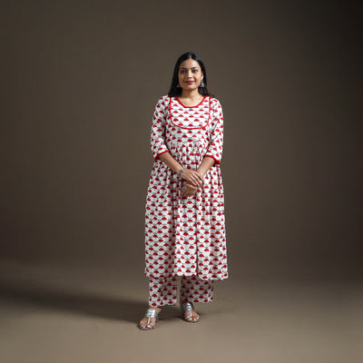 White - floral sanganeri print cotton lace work flared