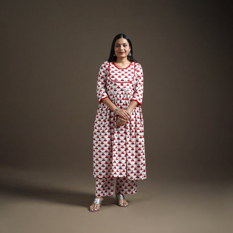 White - floral sanganeri print cotton lace work flared
