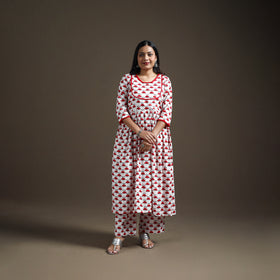 White - floral sanganeri print cotton lace work flared