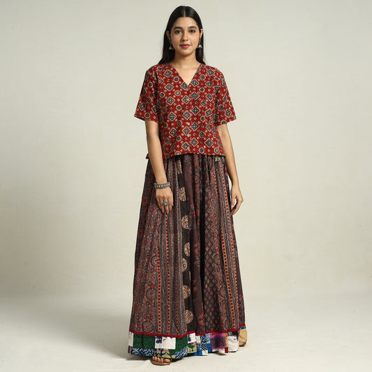 Brown - Ajrakh Block Printed 24 Kali Patchwork Cotton Long Skirt 21
