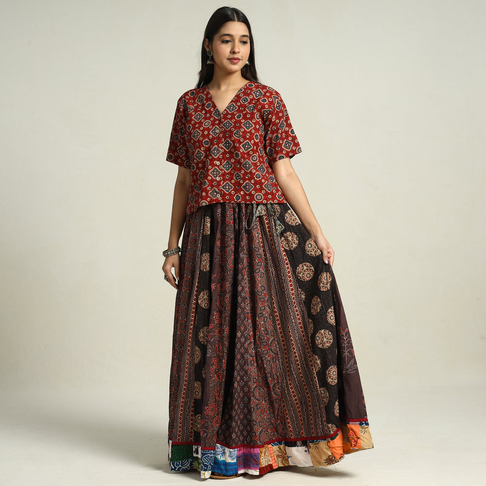 Brown - Ajrakh Block Printed 24 Kali Patchwork Cotton Long Skirt 21