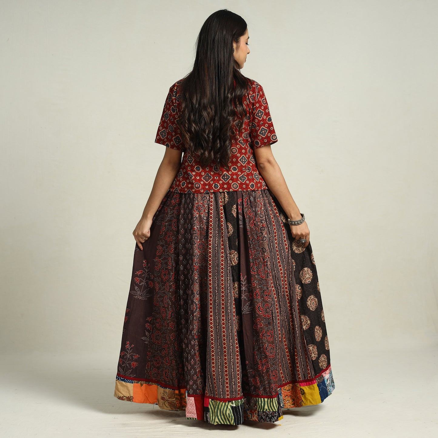 Brown - Ajrakh Block Printed 24 Kali Patchwork Cotton Long Skirt 21