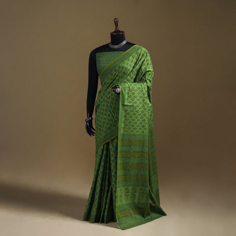 Green - Gamthi Hand Block Print Pure Mul Cotton Saree with Blouse Piece 50