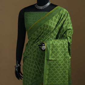 Green - Gamthi Hand Block Print Pure Mul Cotton Saree with Blouse Piece 50
