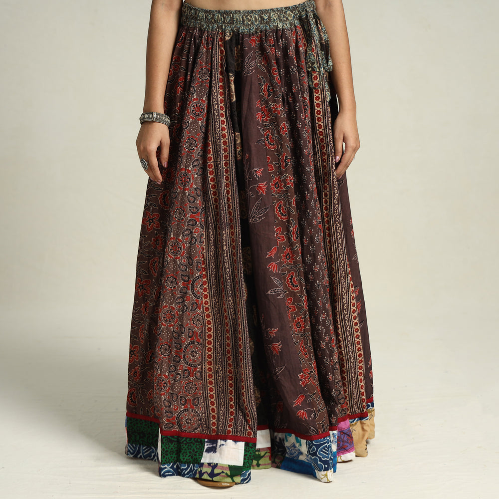 Brown - Ajrakh Block Printed 24 Kali Patchwork Cotton Long Skirt 21