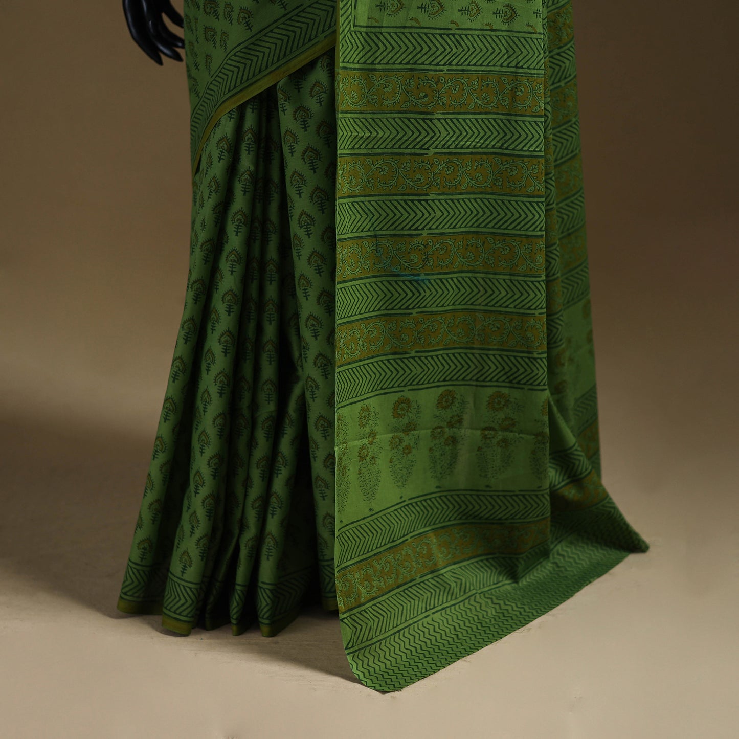 Green - Gamthi Hand Block Print Pure Mul Cotton Saree with Blouse Piece 50