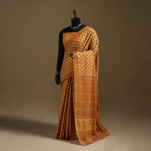 Yellow - Gamthi Hand Block Print Pure Mul Cotton Saree with Blouse Piece 51